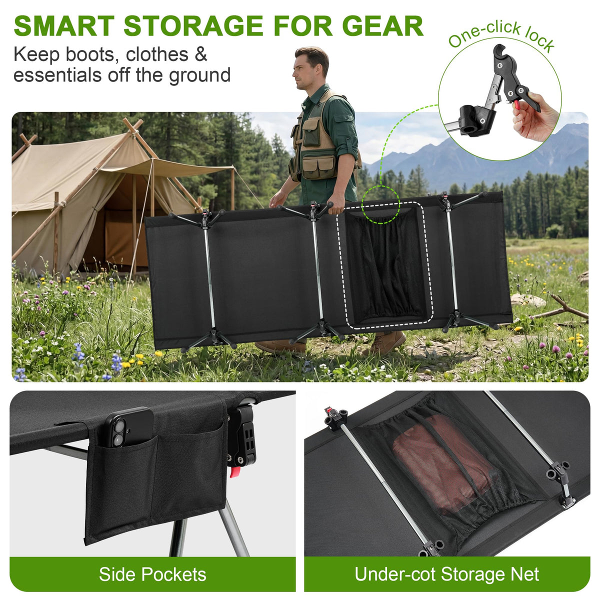 Height Adjustable Black Camping Cot K343