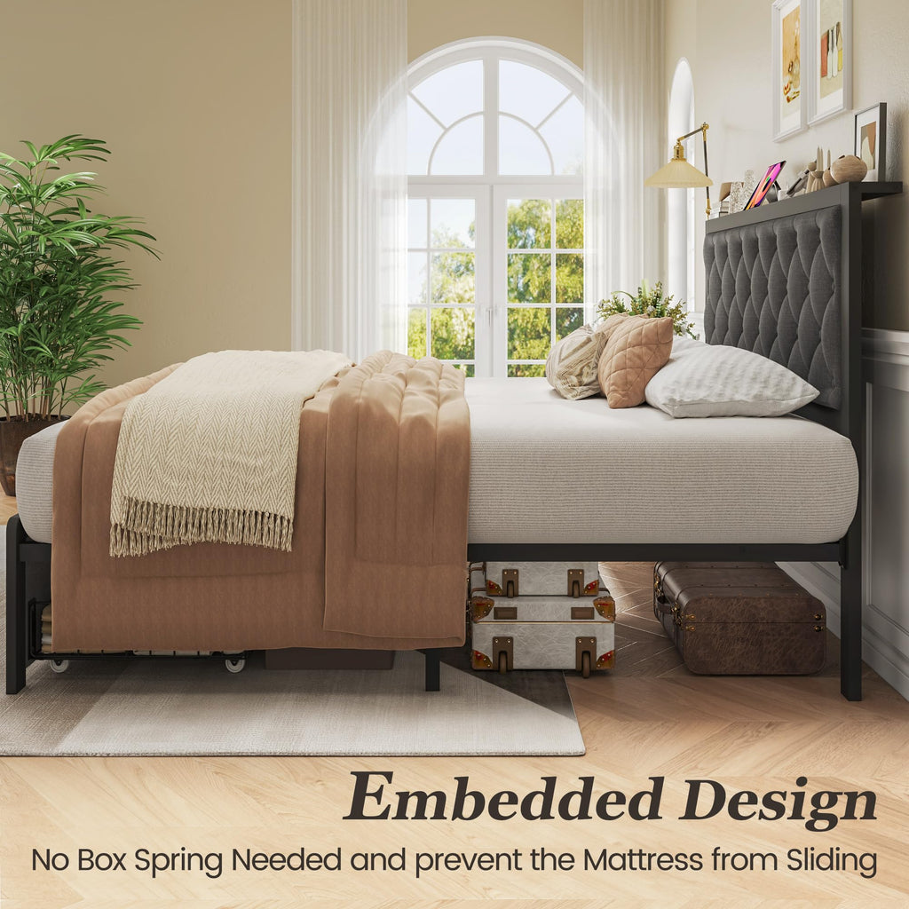 Grey Twin Bed Frame with Storage Drawer Q632551