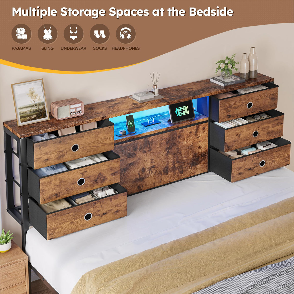King Size Bed Frame with 9 Drawers and Charging Station L310188