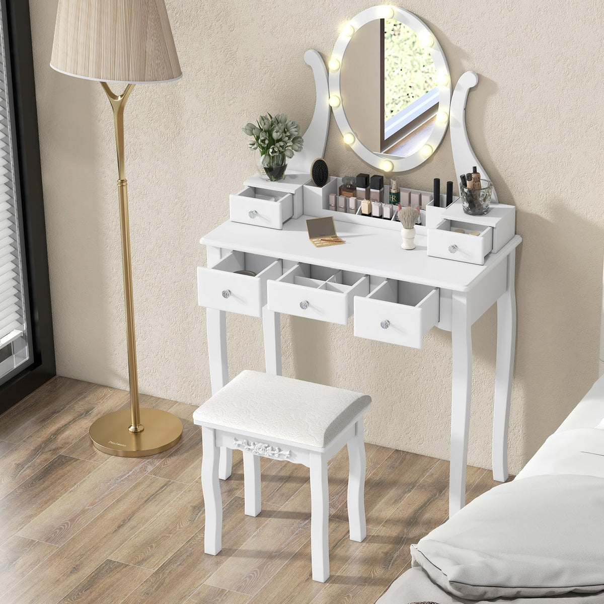 White Makeup Vanity Table with Lighted Mirror and Stool P28646