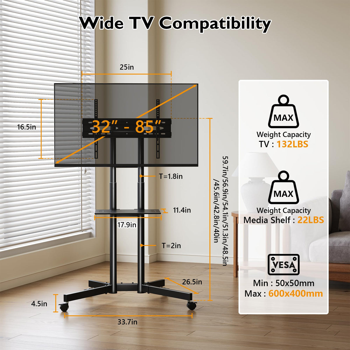 Rolling TV Stand with Tilt, Black G93421
