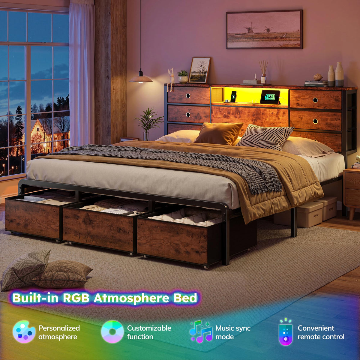 King Size Bed Frame with 9 Drawers and Charging Station L310188