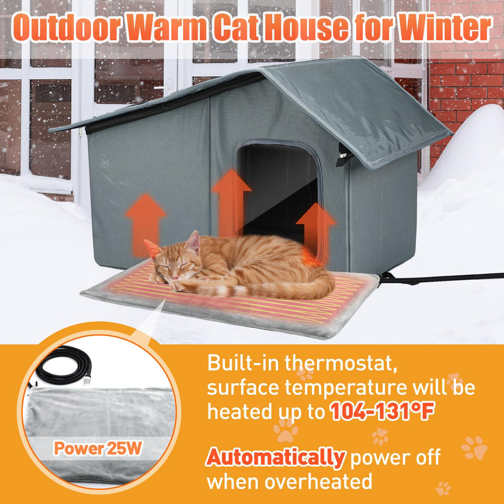 Weatherproof Outdoor Heated Cat House with Thermostatic Heating Pad Y962197