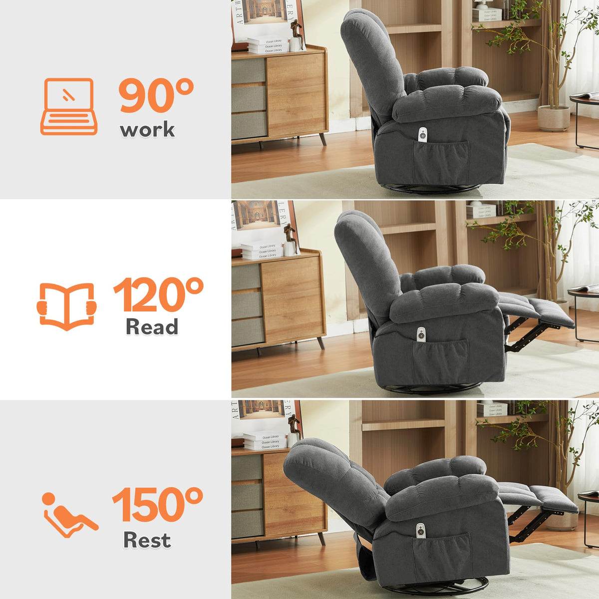Oversized Swivel Recliner Chair with Vibration & Lumbar Heat X266852