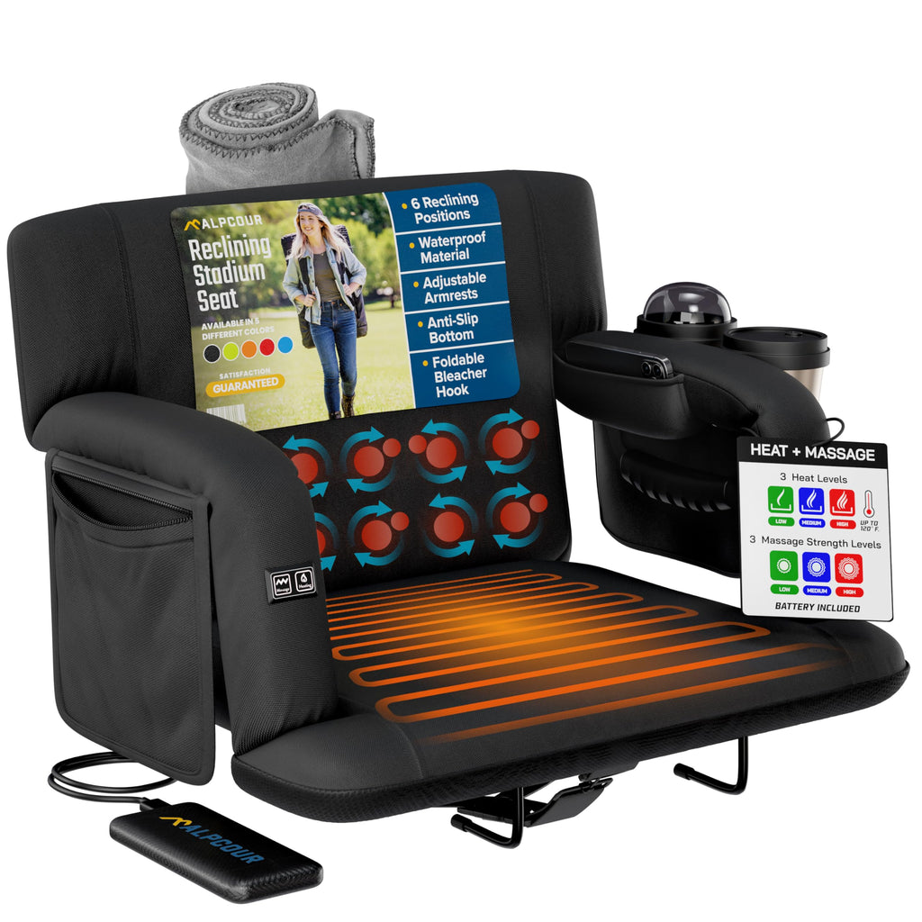 Heated Massage Reclining Stadium Seat with Back Support and Cushion S6174