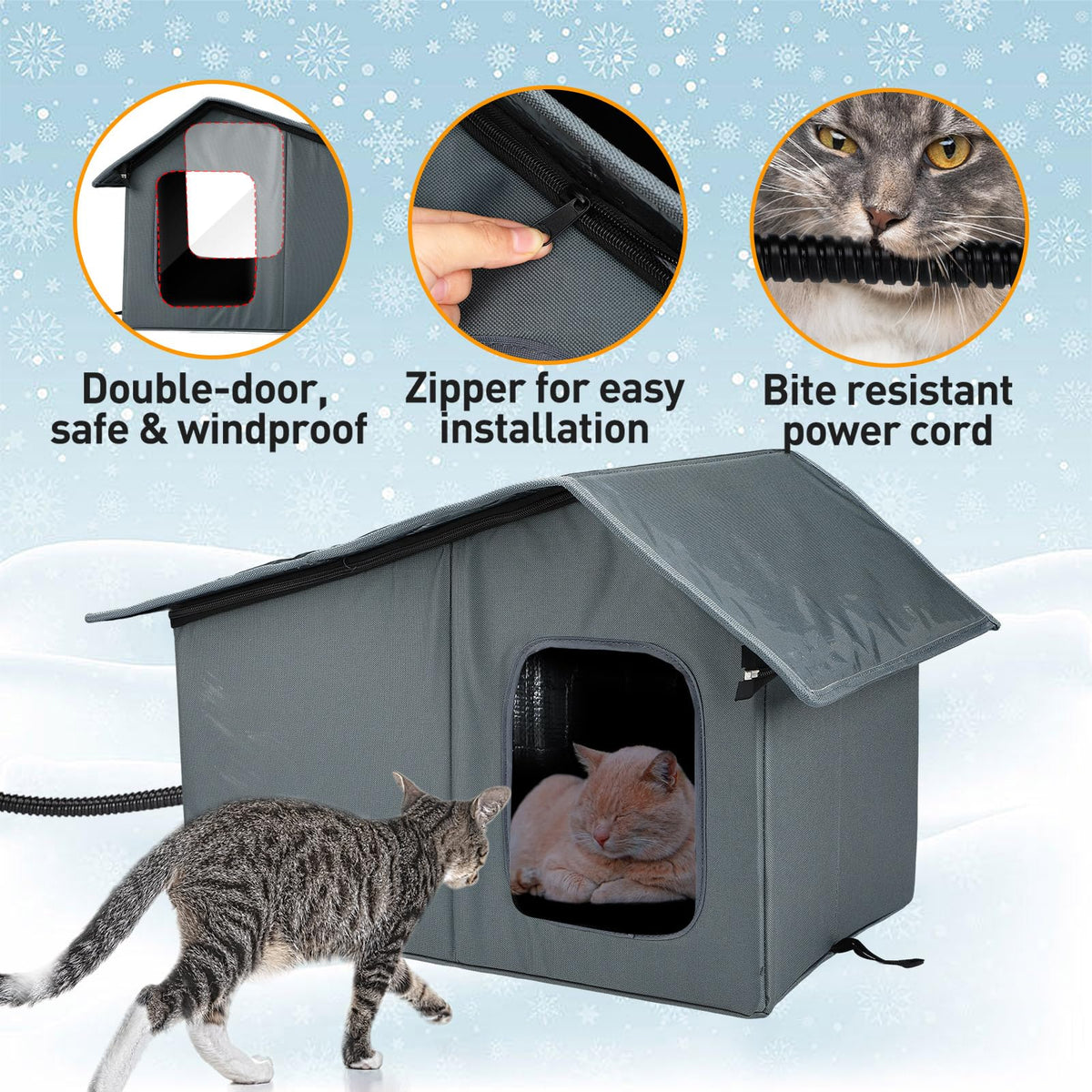 Weatherproof Outdoor Heated Cat House with Thermostatic Heating Pad Y962197