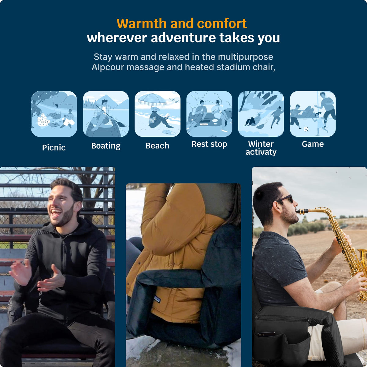 Heated Massage Reclining Stadium Seat with Back Support and Cushion S6174