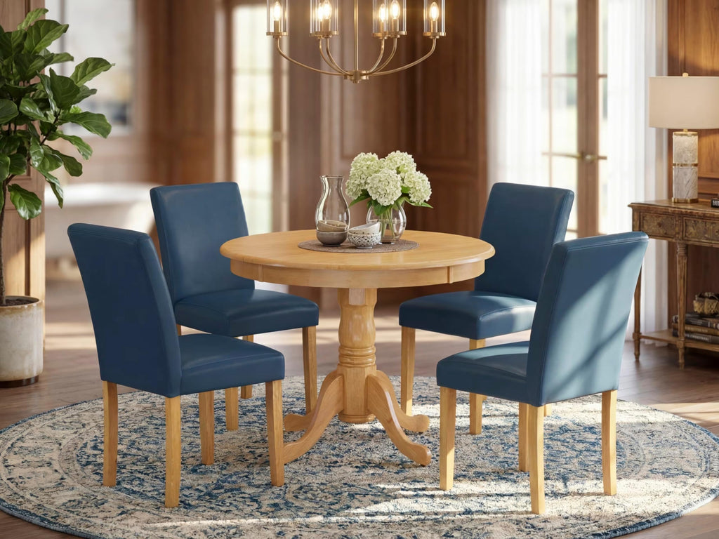 5 Piece Oak Dining Table Set with 4 Blue Faux Leather Chairs D496