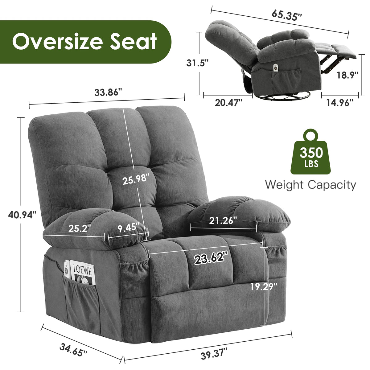 Oversized Swivel Recliner Chair with Vibration & Lumbar Heat X266852