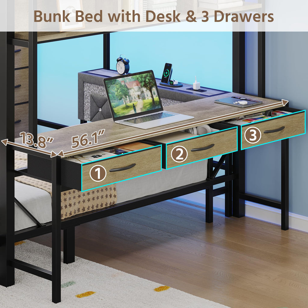 Oak Gray Full Over Twin Bunk Bed with Desk and Drawers N77763