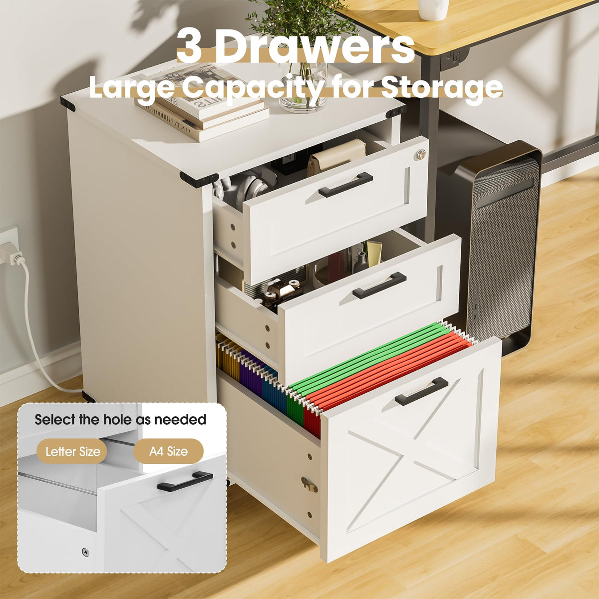 Small Wood File Cabinet with Charging Station and Lock, 3 Drawers V758384
