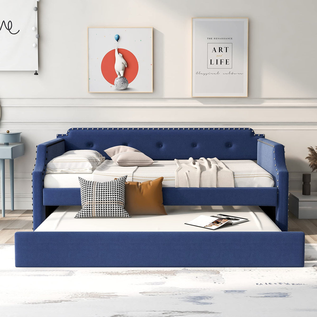 Blue Upholstered Daybed with Trundle W9145