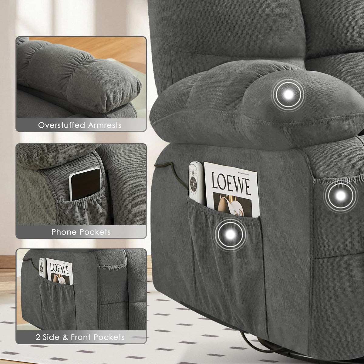 Oversized Swivel Recliner Chair with Vibration & Lumbar Heat X266852