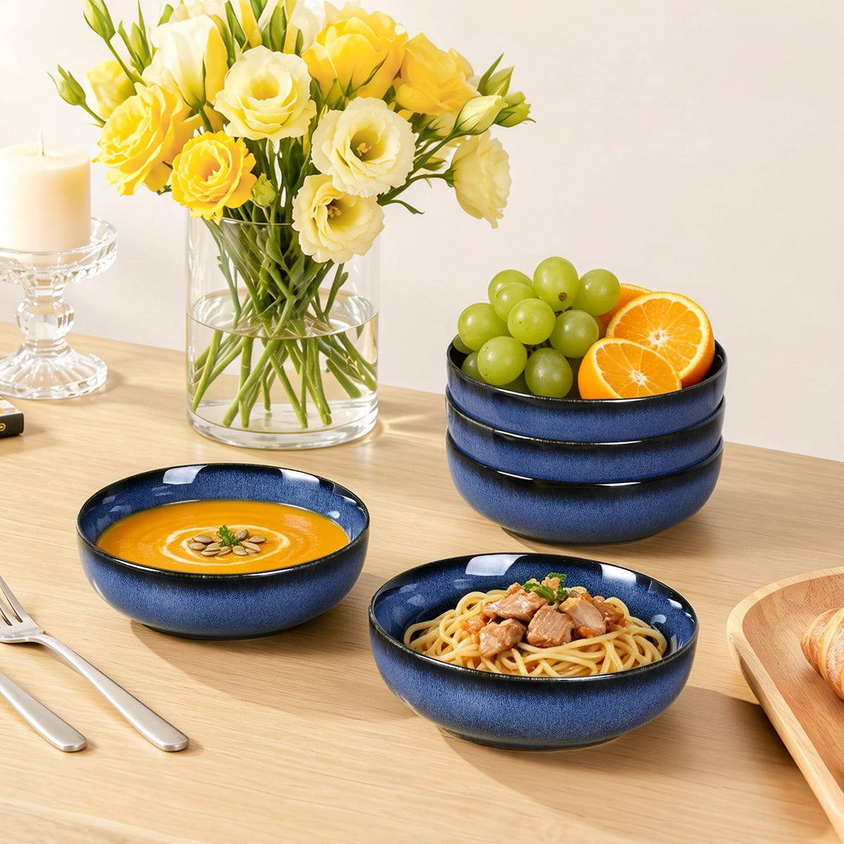 Blue Porcelain Pasta Bowls Set for 4 S8024