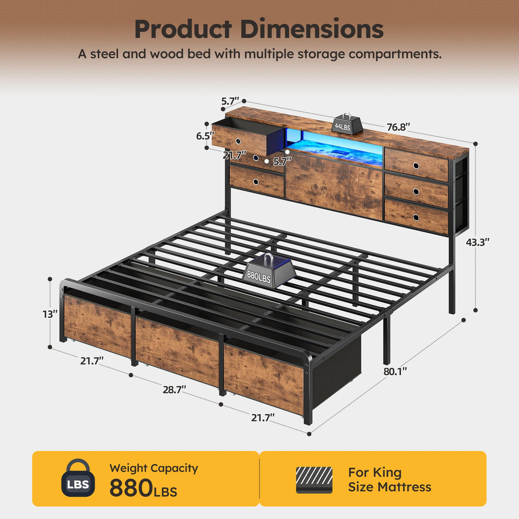 King Size Bed Frame with 9 Drawers and Charging Station L310188