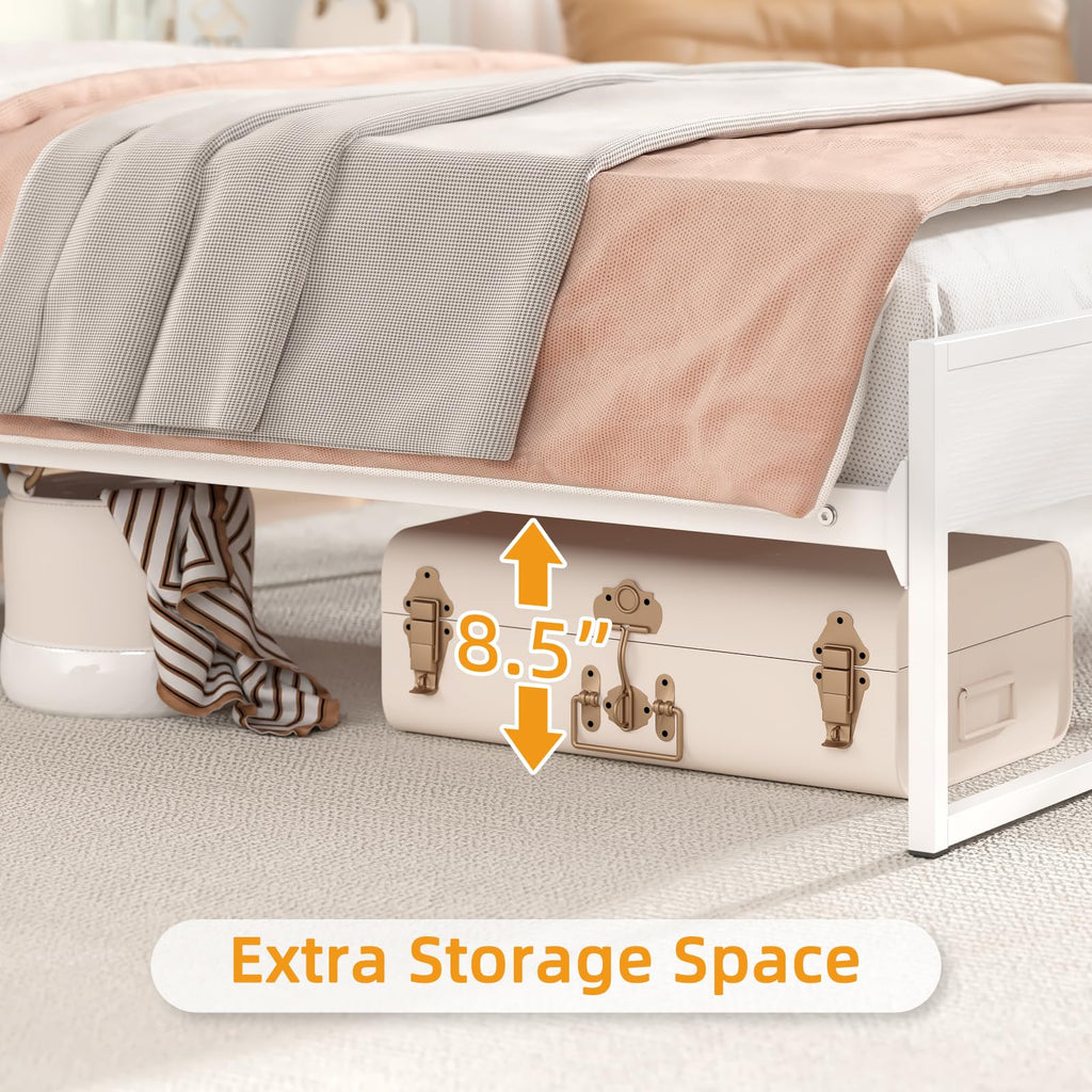 White Metal Twin Bed Frame with 2-Tier Storage Headboard A4864