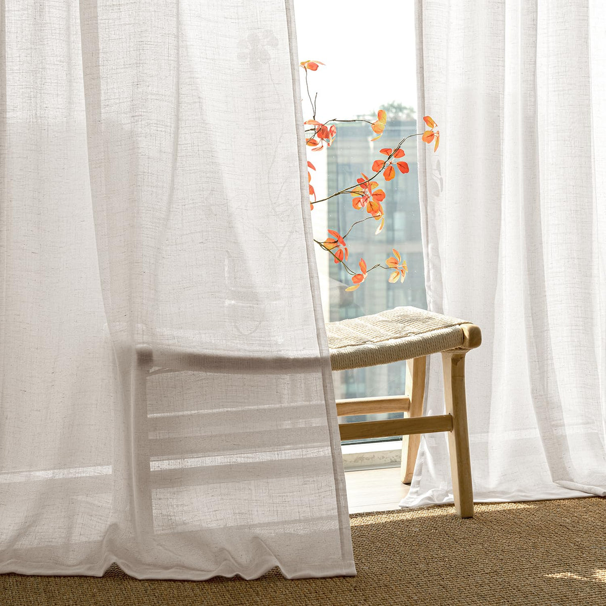 Natural White Semi Sheer Linen Curtains 120 inch 2 Panels Q1244