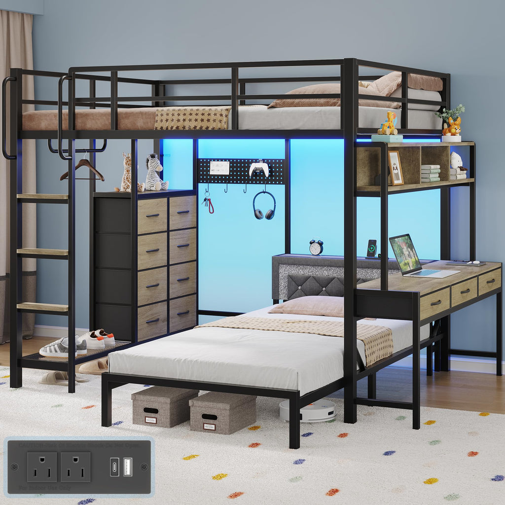 Oak Gray Full Over Twin Bunk Bed with Desk and Drawers N77763