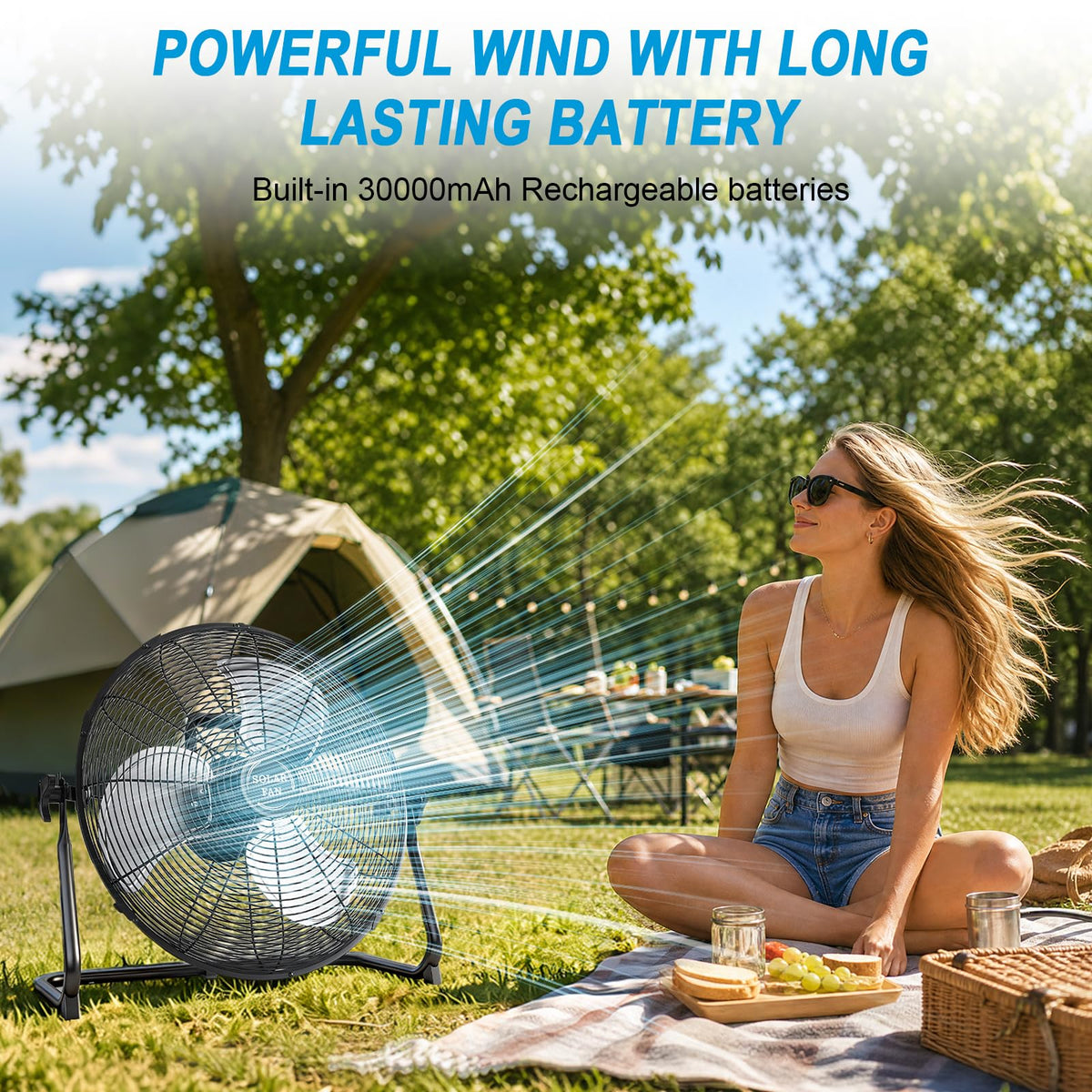 20" Solar Powered Rechargeable Floor Fan with 40W Solar Panel T33356