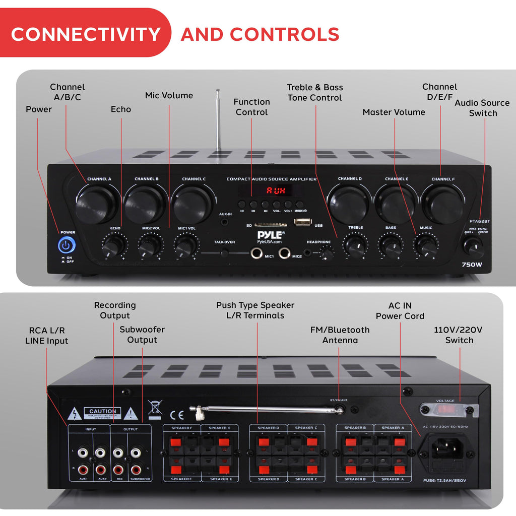 6 Channel 750 Watt Bluetooth Wireless Home Amplifier H876