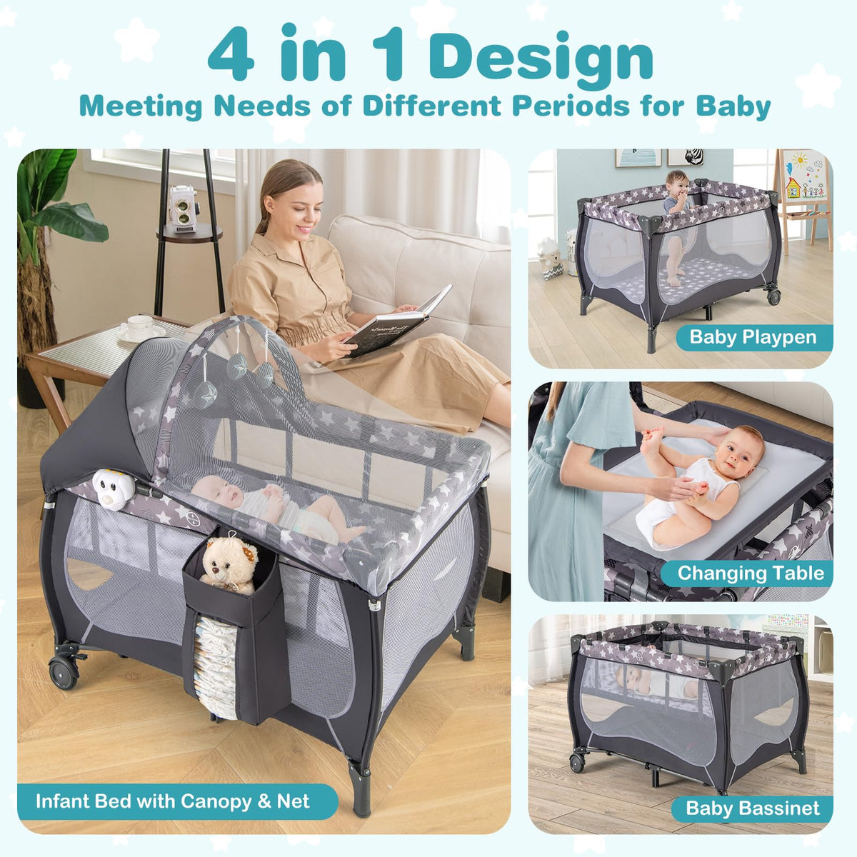 4 in 1 Pack and Play Portable Baby Playard with Bassinet N77726