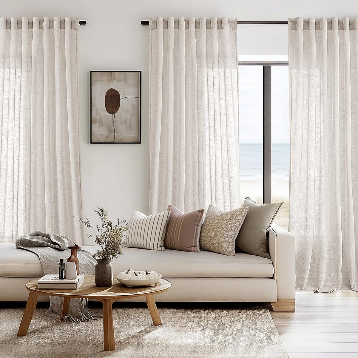 Natural White Semi Sheer Linen Curtains 120 inch 2 Panels Q1244