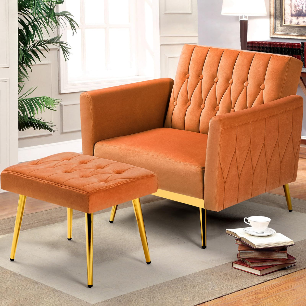 Velvet Accent Chair with Ottoman & Adjustable Backrest Z284