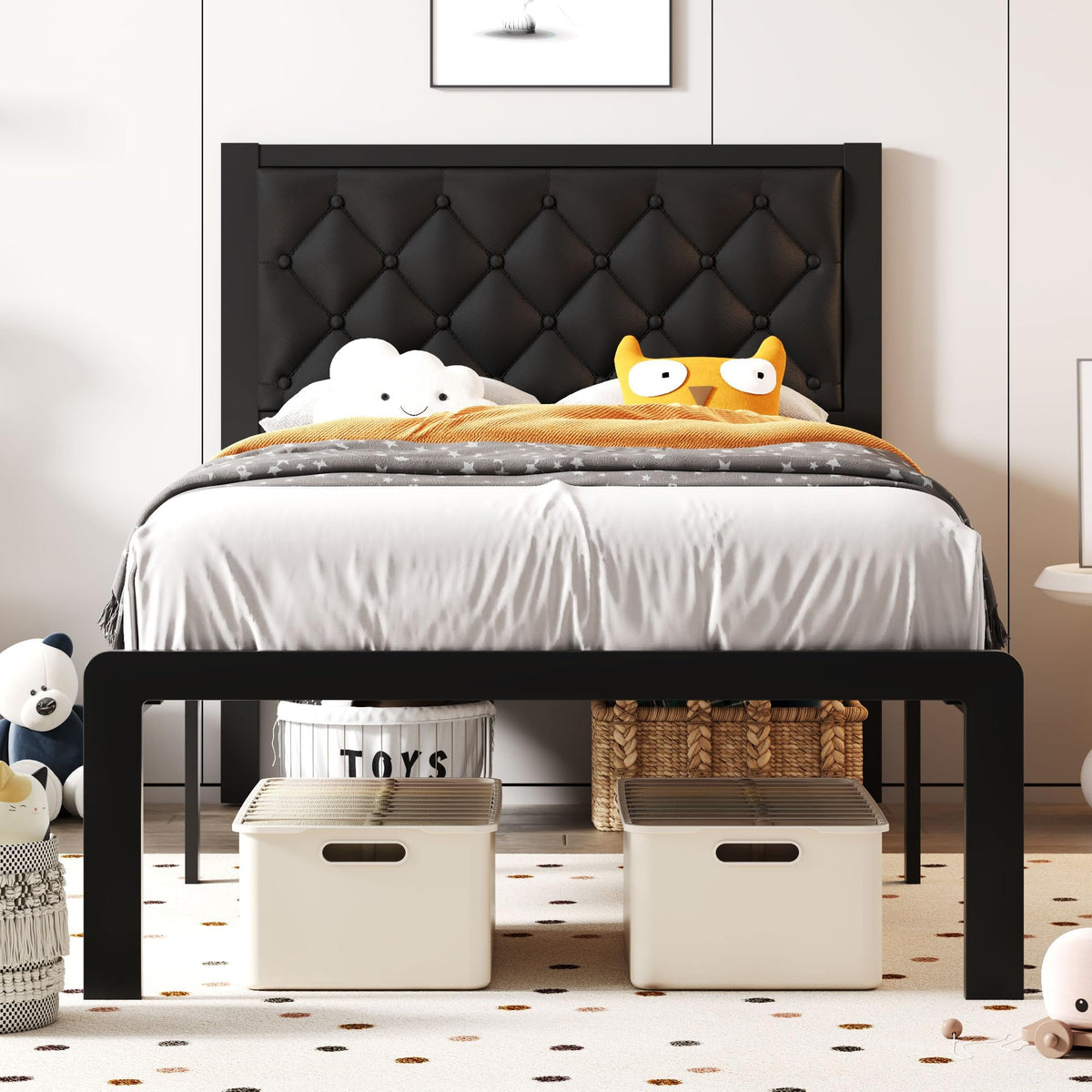 Black PU Leather Upholstered Twin Bed Frame with Headboard R197
