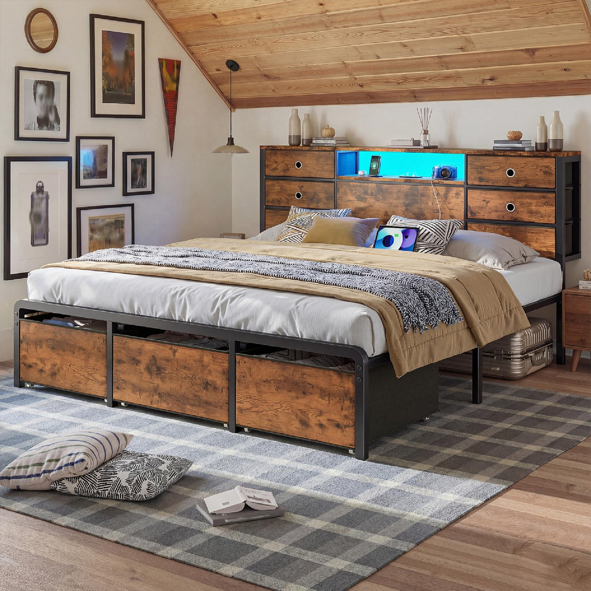 King Size Bed Frame with 9 Drawers and Charging Station L310188