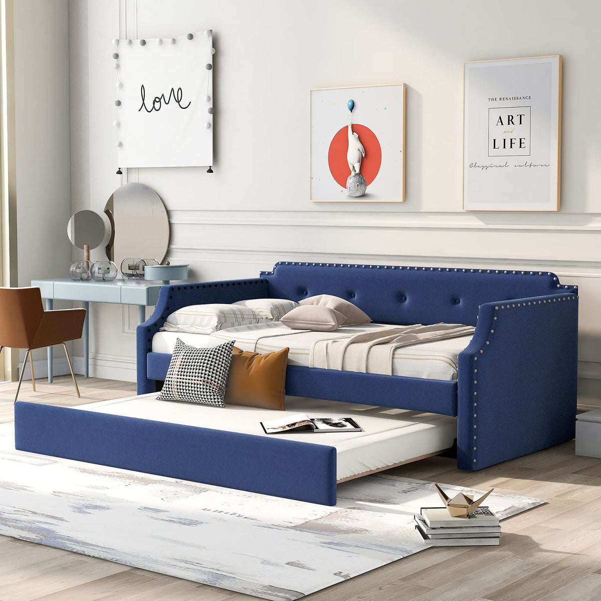 Blue Upholstered Daybed with Trundle W9145