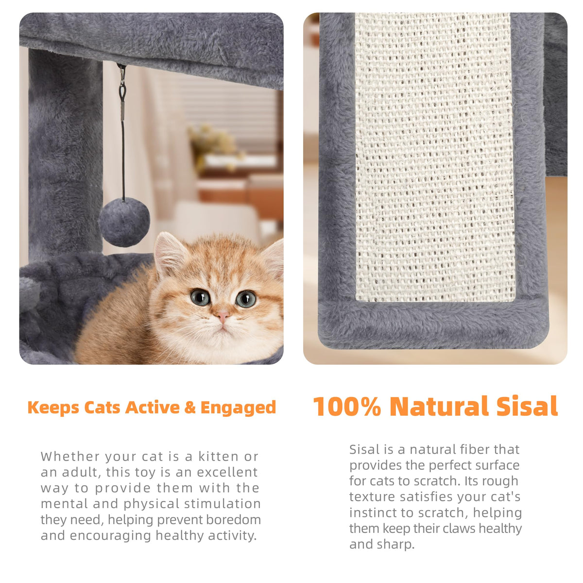 Cat Tree with Scratching Post and Hammock, Grey Q948