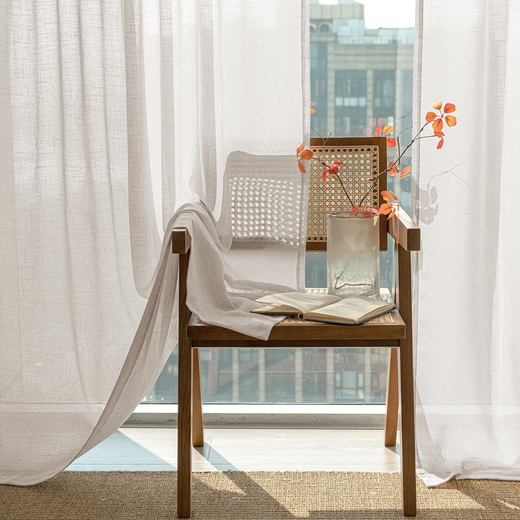 Natural White Semi Sheer Linen Curtains 120 inch 2 Panels Q1244