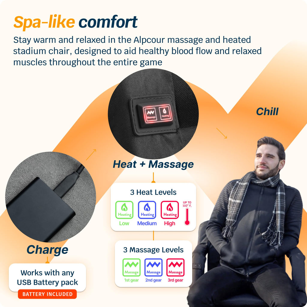 Heated Massage Reclining Stadium Seat with Back Support and Cushion S6174