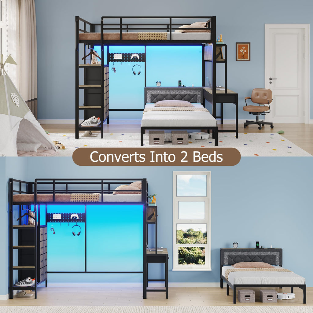 Oak Gray Full Over Twin Bunk Bed with Desk and Drawers N77763