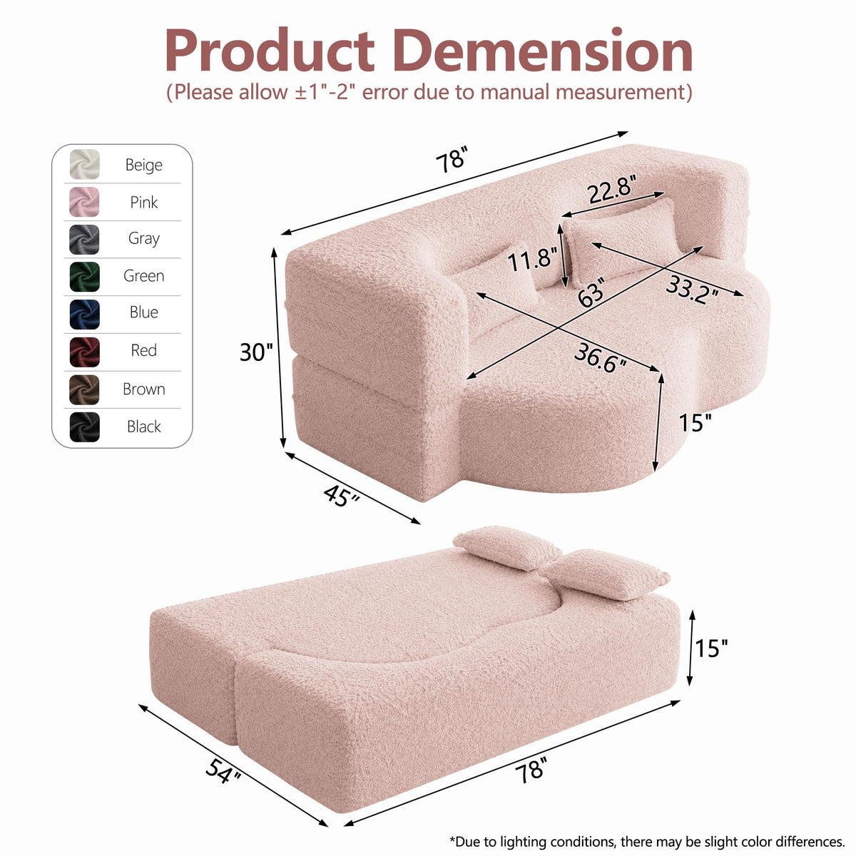78" Pink Sherpa Futon Sofa Bed X2553
