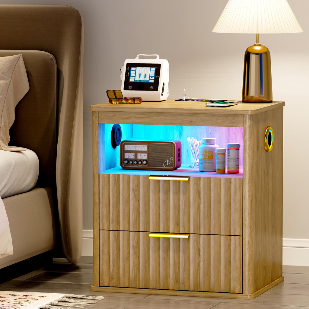 LED Nightstand with Charging Station and 2 Drawers F943862