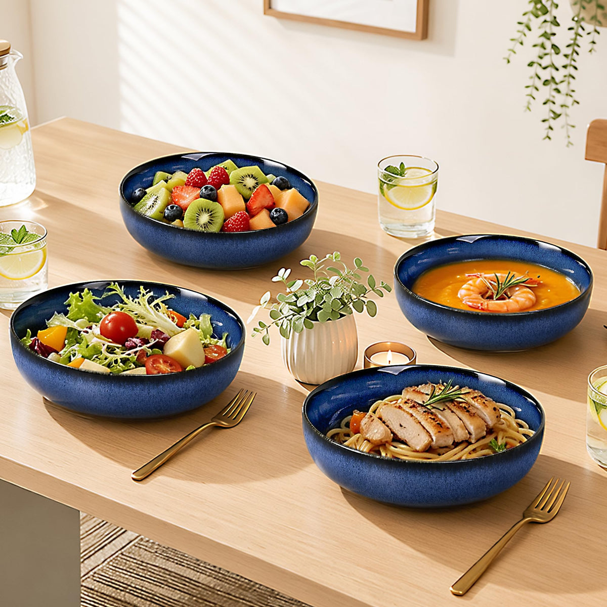 Blue Porcelain Pasta Bowls Set for 4 S8024
