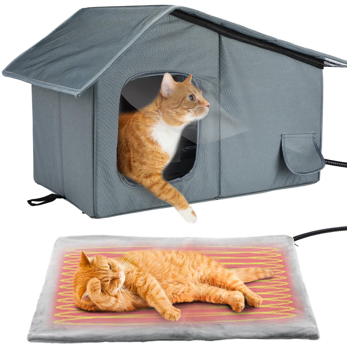 Weatherproof Outdoor Heated Cat House with Thermostatic Heating Pad Y962197