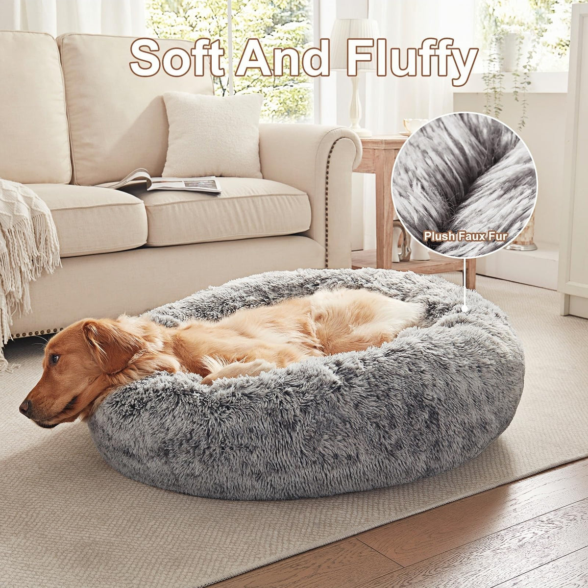 36 inches Faux Fur Fluffy Donut Dog Bed Dark Grey C31709