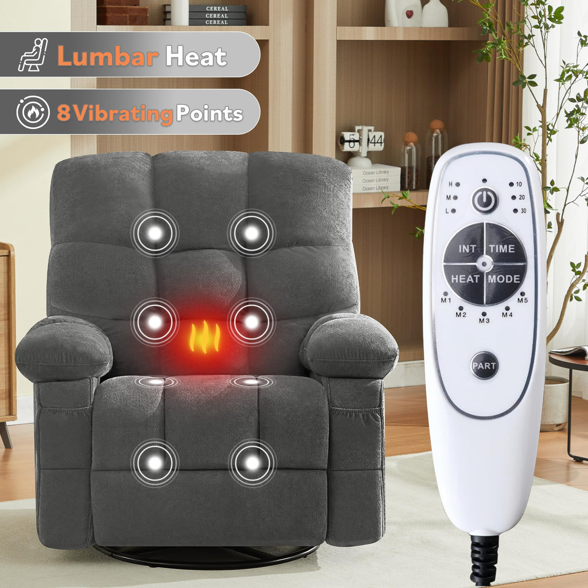Oversized Swivel Recliner Chair with Vibration & Lumbar Heat X266852