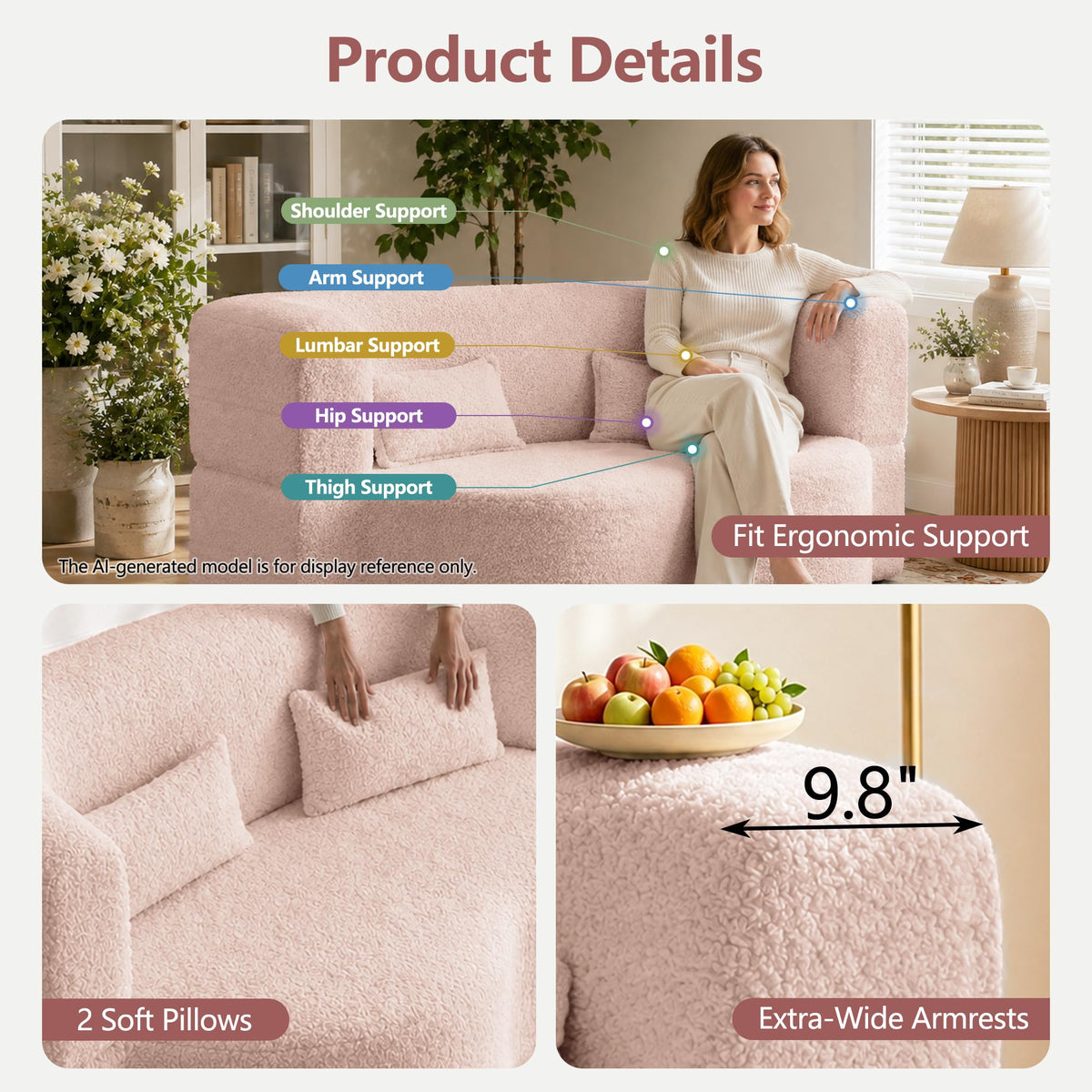 78" Pink Sherpa Futon Sofa Bed X2553