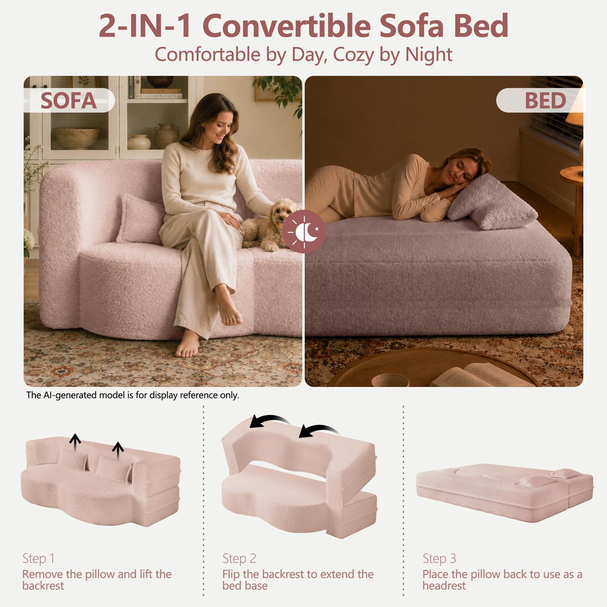 78" Pink Sherpa Futon Sofa Bed X2553