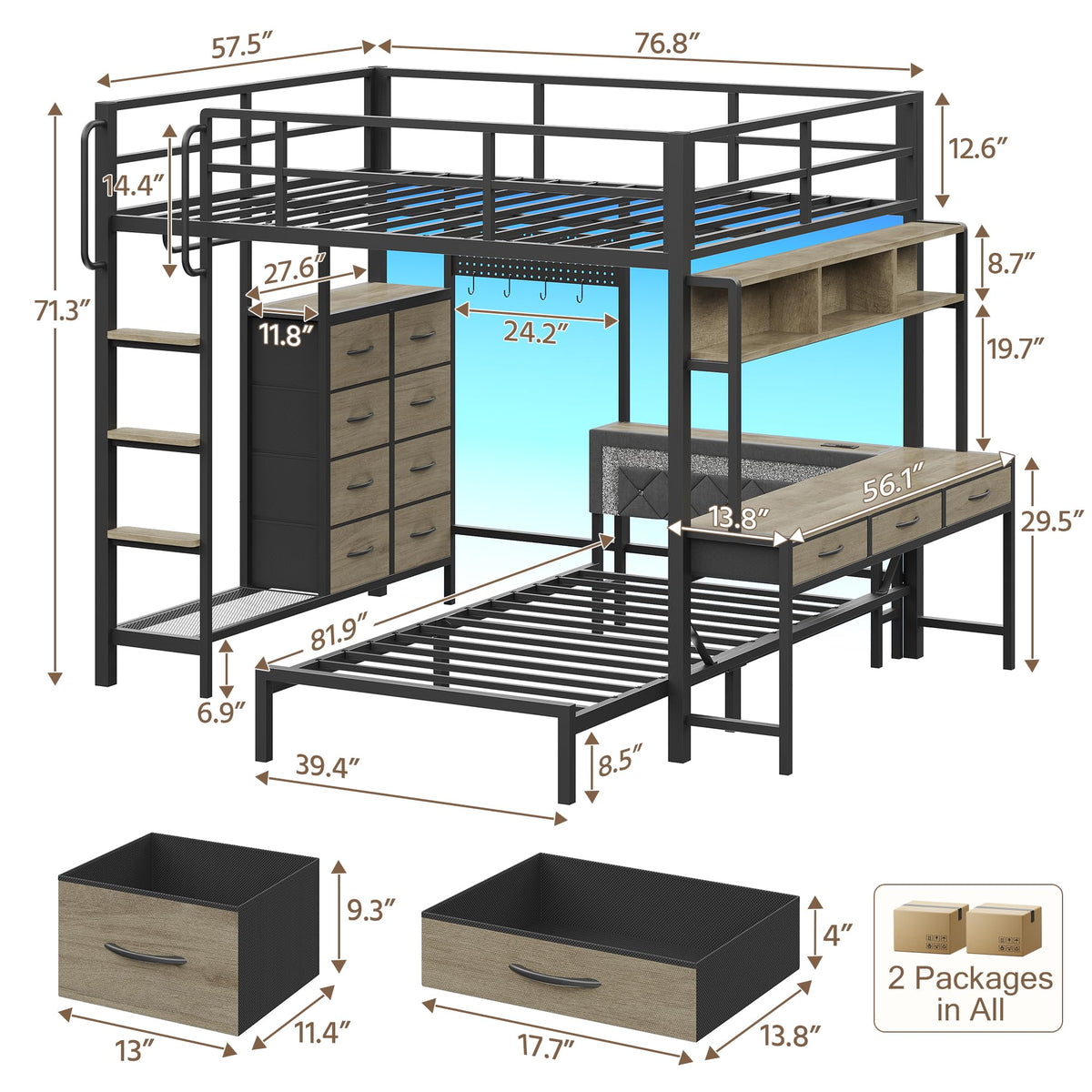 Oak Gray Full Over Twin Bunk Bed with Desk and Drawers N77763