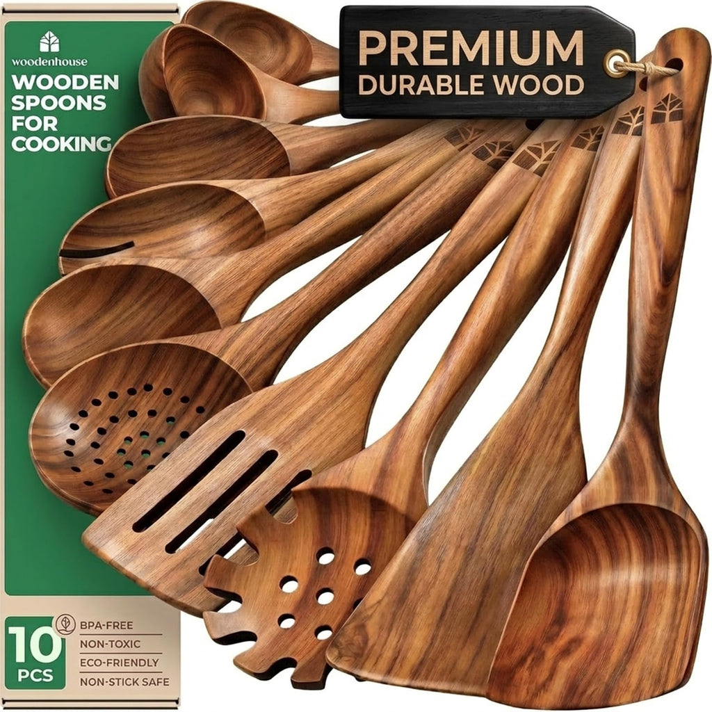 10 Pcs Non Toxic Teak Wooden Kitchen Utensils Set H9162