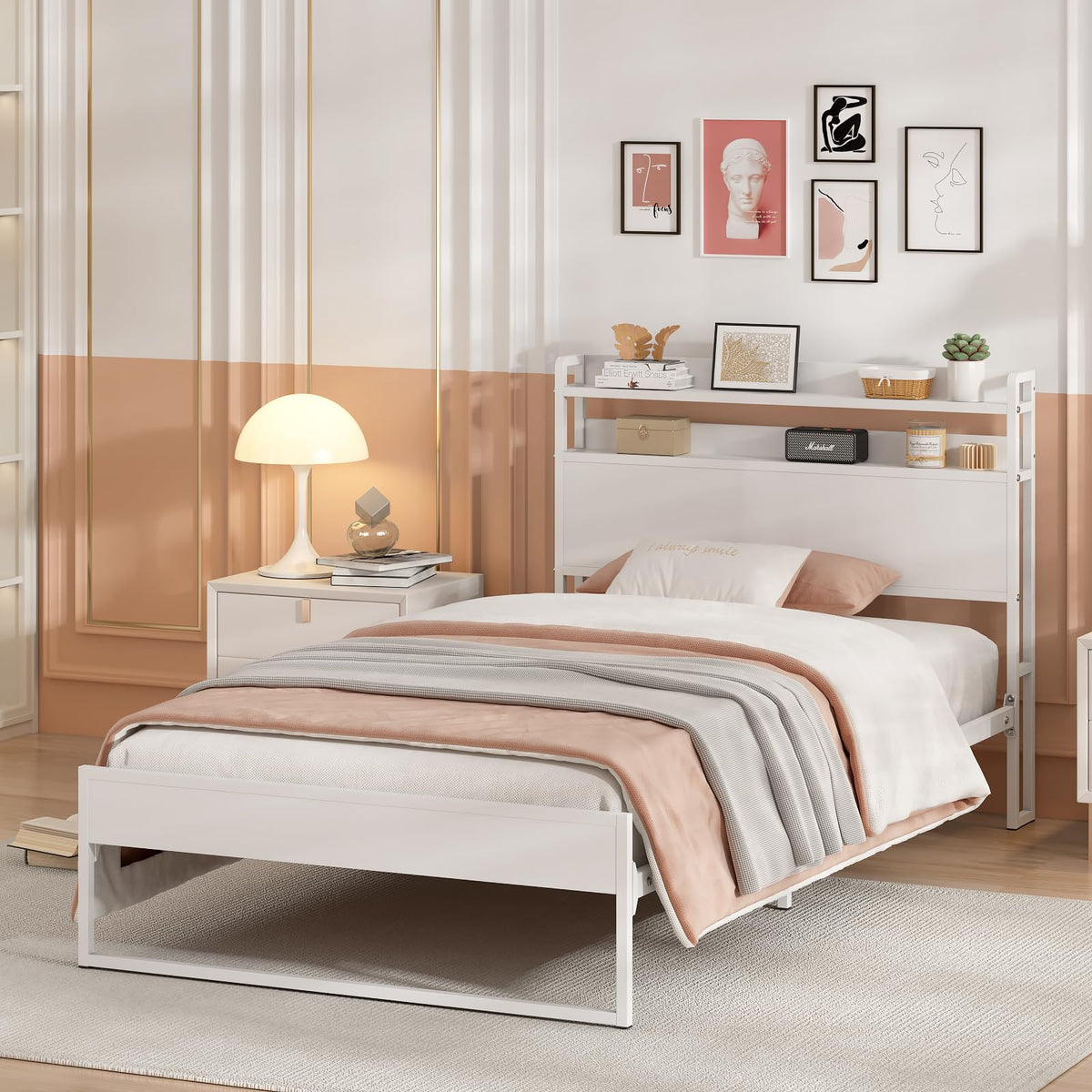 White Metal Twin Bed Frame with 2-Tier Storage Headboard A4864