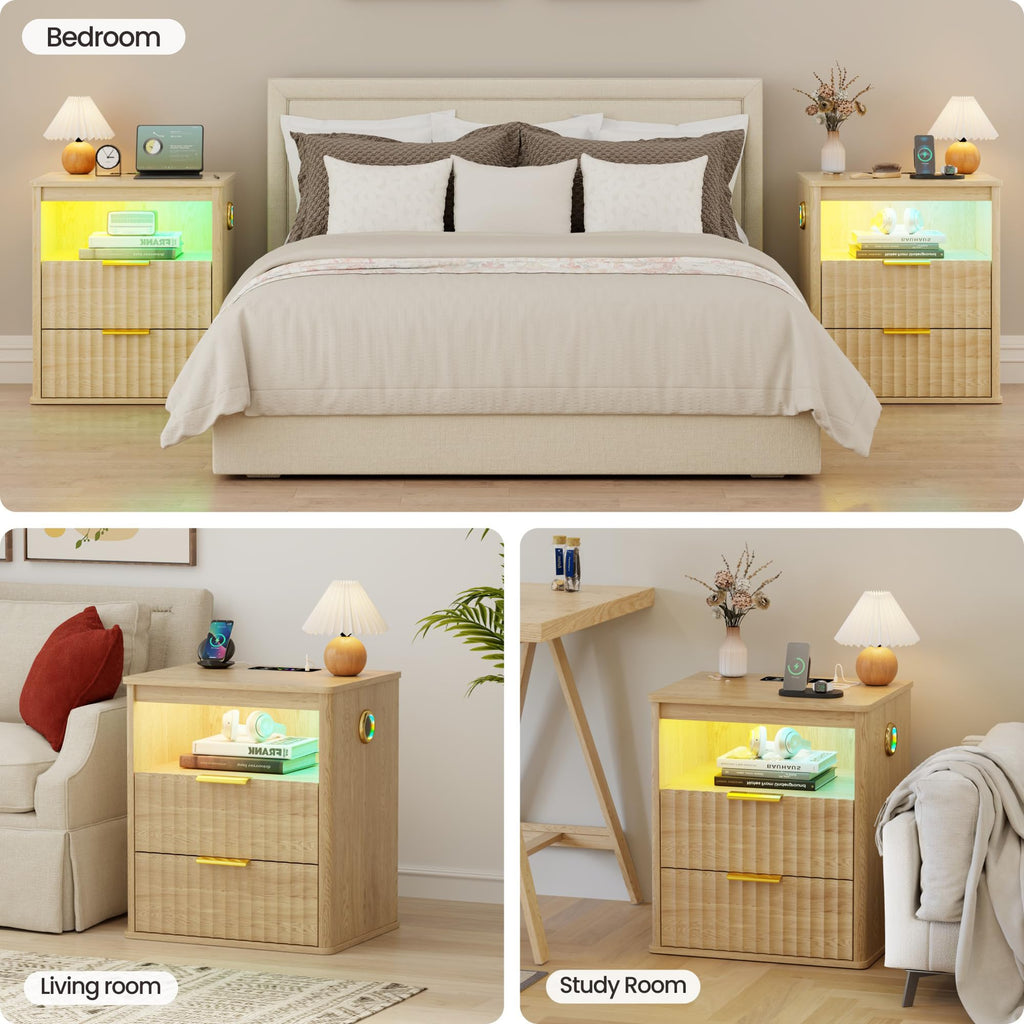 LED Nightstand with Charging Station and 2 Drawers F943862