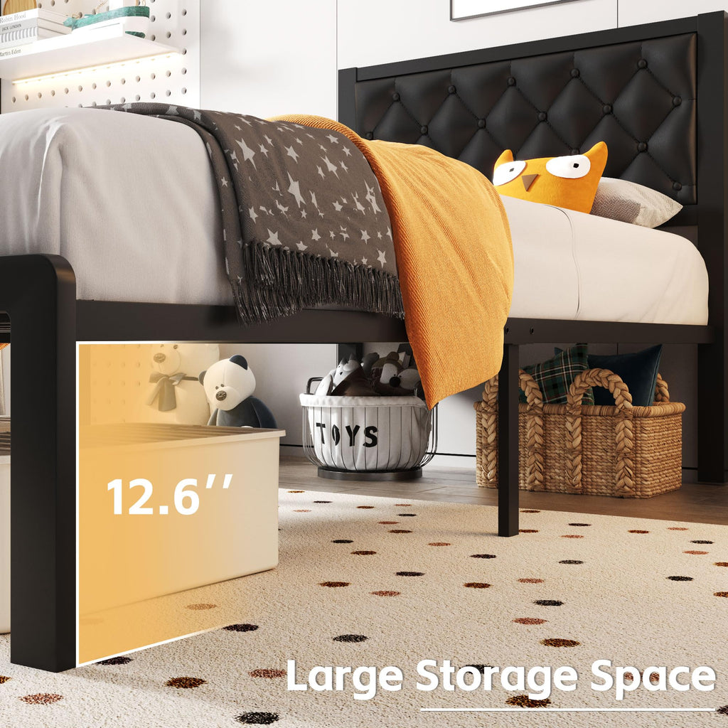 Black PU Leather Upholstered Twin Bed Frame with Headboard R197