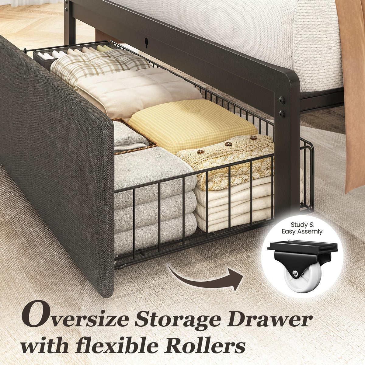 Grey Twin Bed Frame with Storage Drawer Q632551