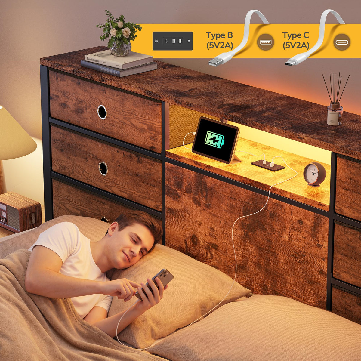 King Size Bed Frame with 9 Drawers and Charging Station L310188