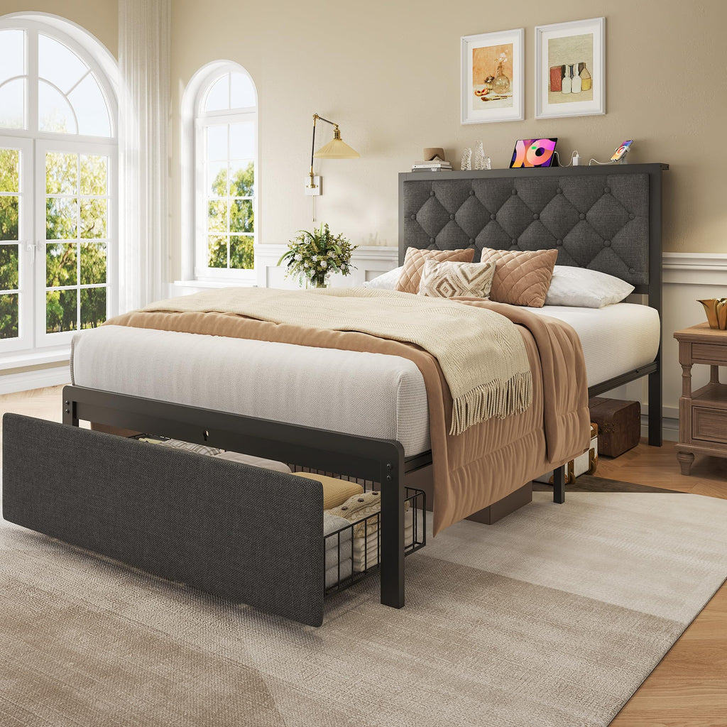 Grey Twin Bed Frame with Storage Drawer Q632551